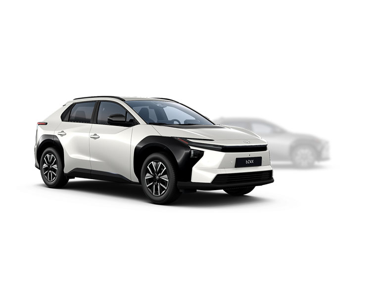 Dunkler Toyota bZ4X in seitlicher Sicht, im Hintergrund ist ein verblasster hellerer Toyota bZ4X zu erkennen.