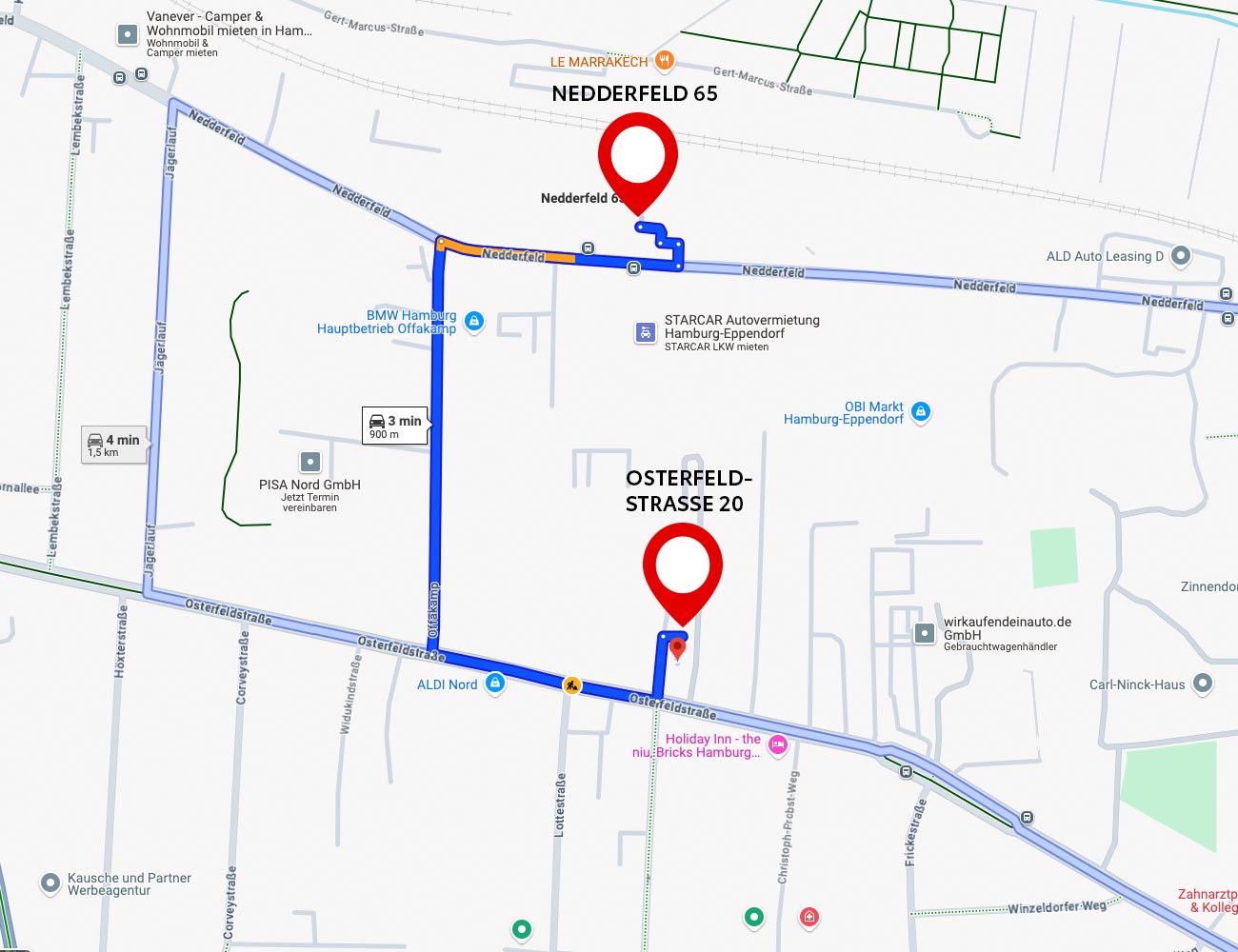 Kartenausschnitt: Zwei rote Pins markieren Nedderfeld 65 (alter Standort) und Osterfeldstraße 20 (neuer Standort) in Hamburg. Hauptroute in Blau zeigt 900 m (3 Minuten); alternative Route 1,5 km (4 Minuten).