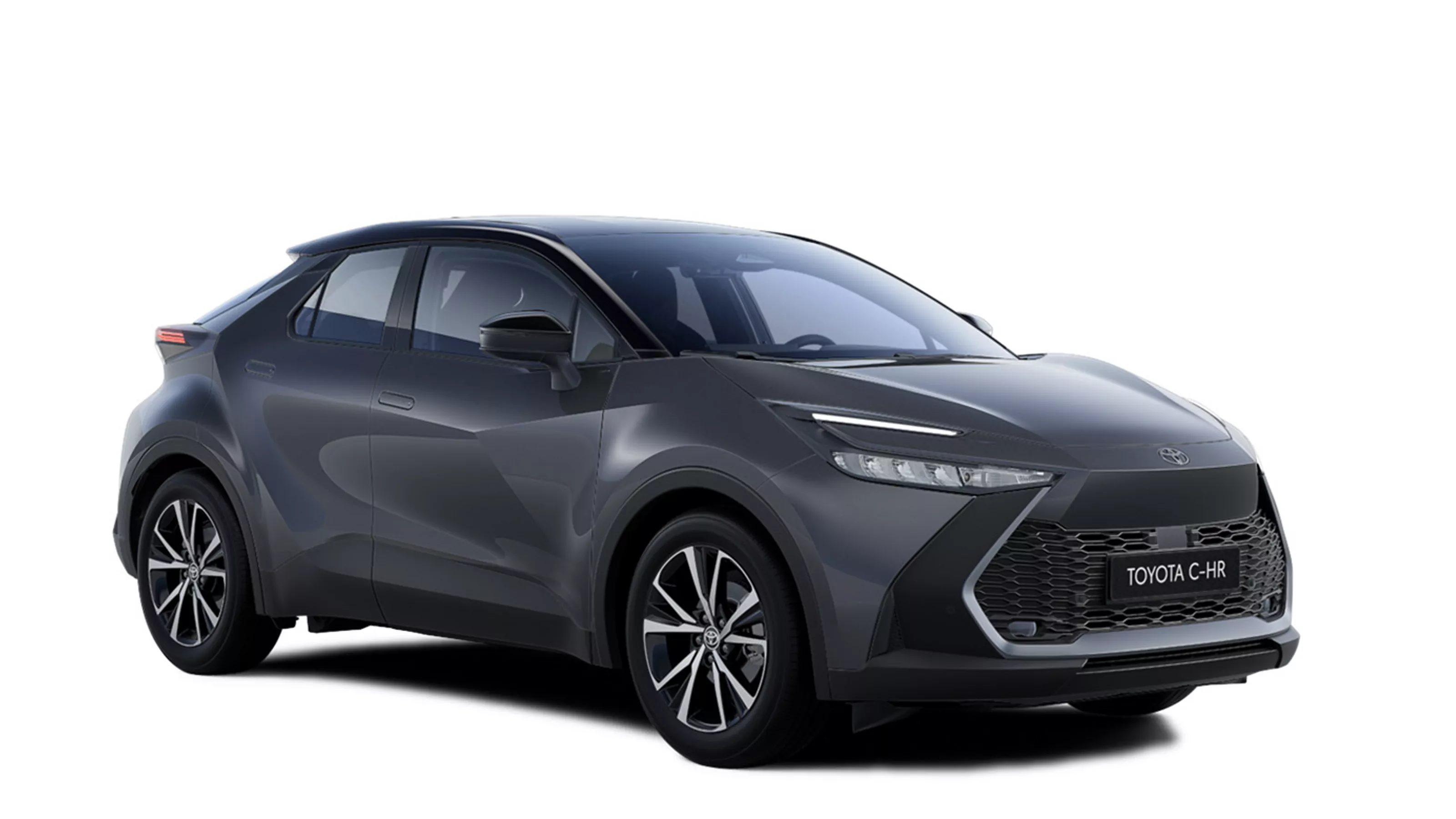 Ein schwarzer Toyota C-HR Hybrid in diagonaler Frontansicht vor einem weißen Hintergrund