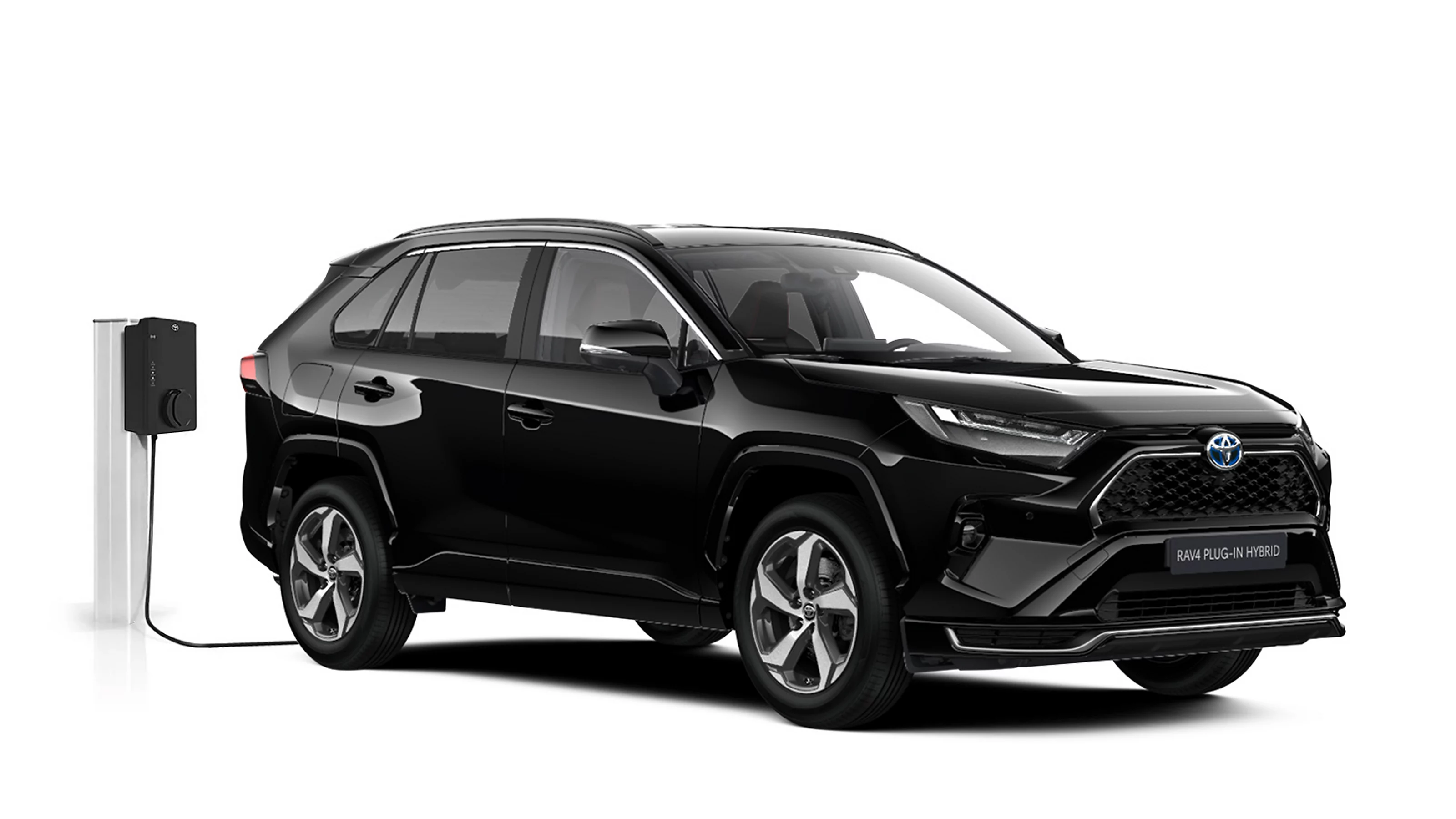 Schwarzer Toyota RAV4 Teamplayer Plug-in steht diagonal zur Kamera vor einem neutralen Hintergrund